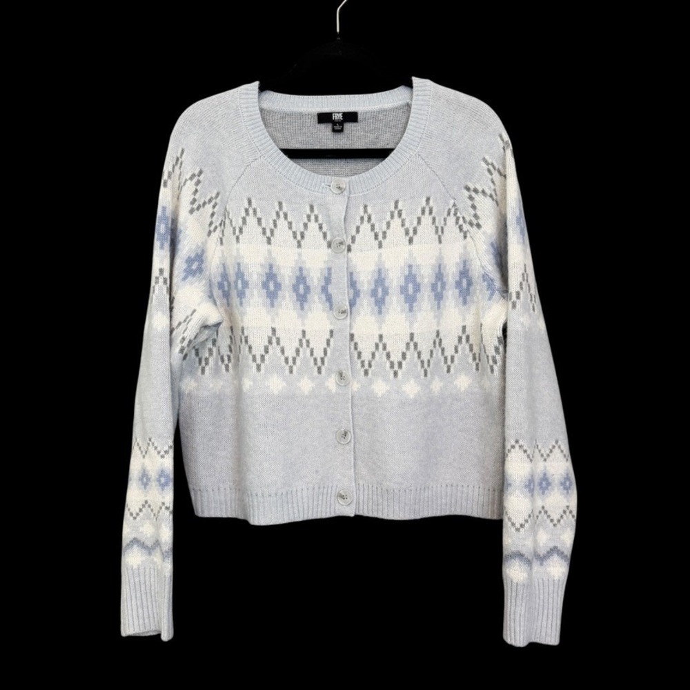 FRYE Nordic Fair Isle Cardigan Sweater L Blue Gray Cozy Cropped Button Front
